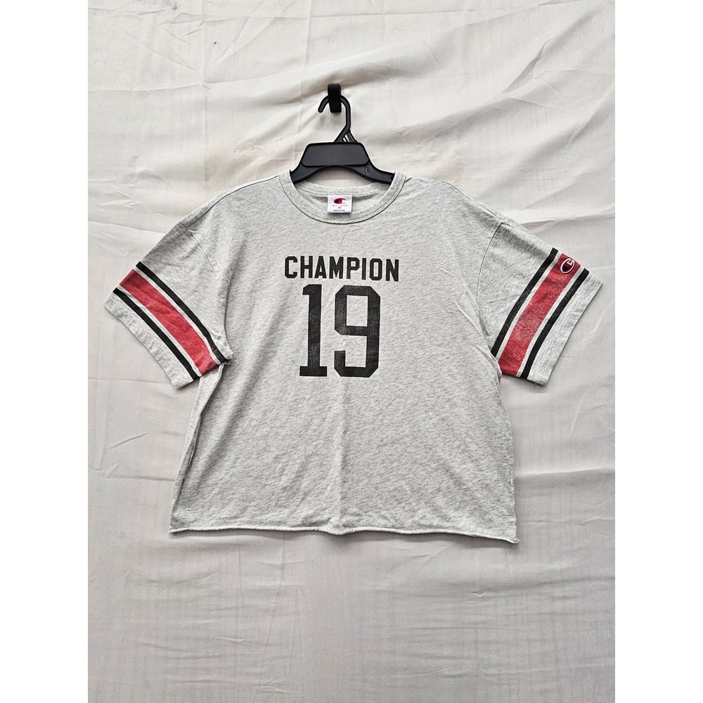 Champion Womens Cropped Graphic T-Shirt Gray Cotton Casual Size Medium